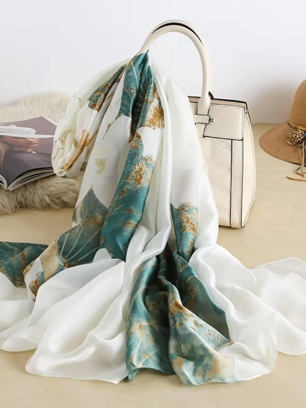 Women's White Lightweight Silk Like Scarves Flower Print Head Cotton Wrap Scarf